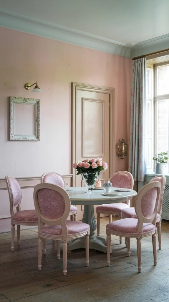 Dining room with soft pink walls, round light-colored table, and plush pastel pink upholstered chairs