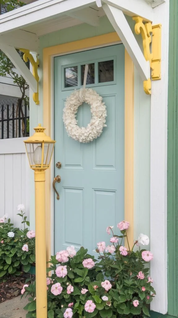 Outdoor entryway with pastel blue door framed by yellow trim, white wreath, yellow lamppost, and pink flowers