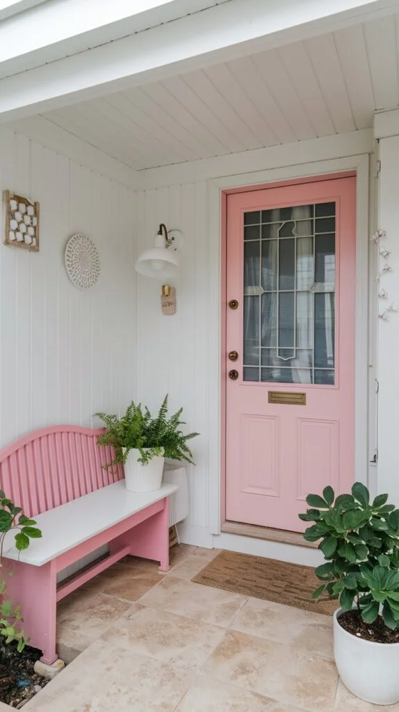 Entryway with white paneled walls, pastel pink front door with glass panes, matching pink bench, and green plants