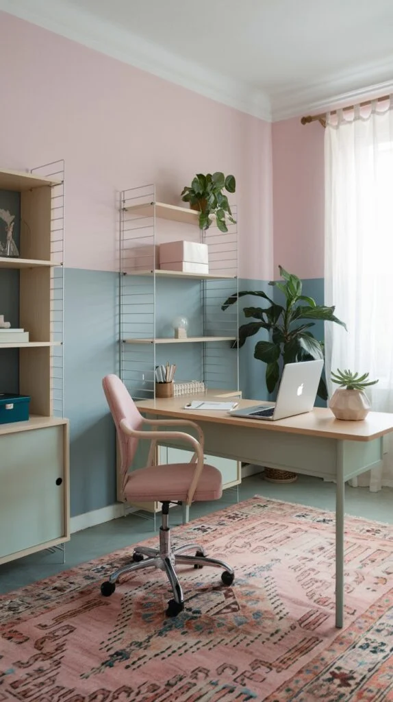 Home office with pastel pink upper walls, light blue lower walls, wooden desk, shelving, and pink office chair