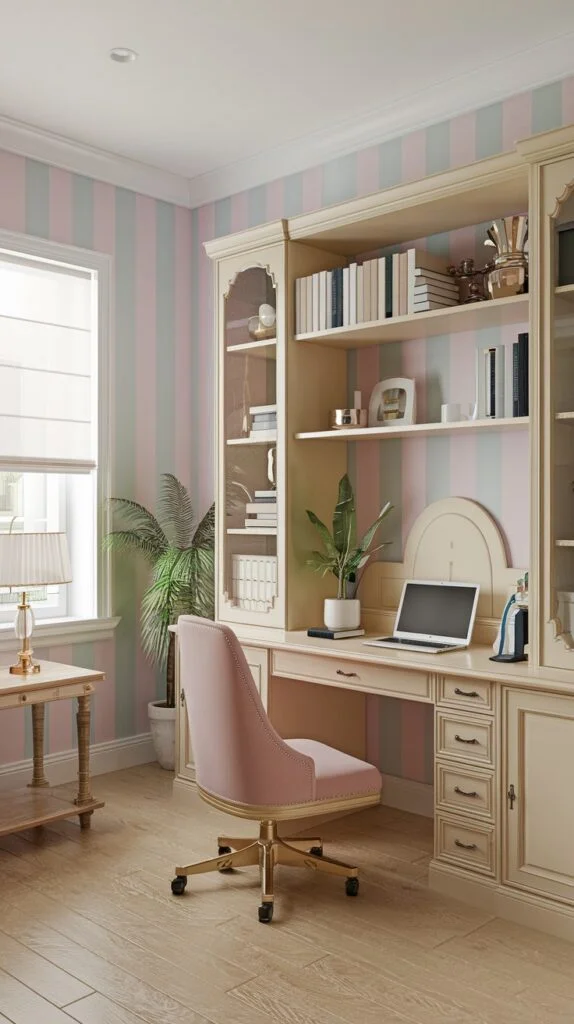Home office with pastel pink and green vertical striped walls, light wood built-in desk and bookshelves, and pink velvet chair