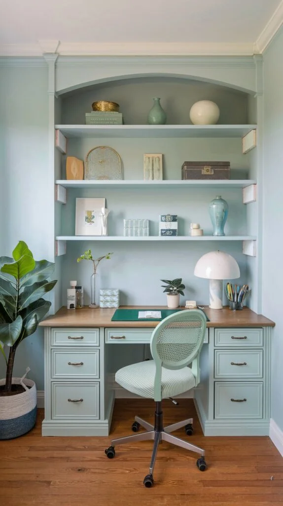 Home office with pastel blue walls, built-in shelves and desk, and mint green office chair