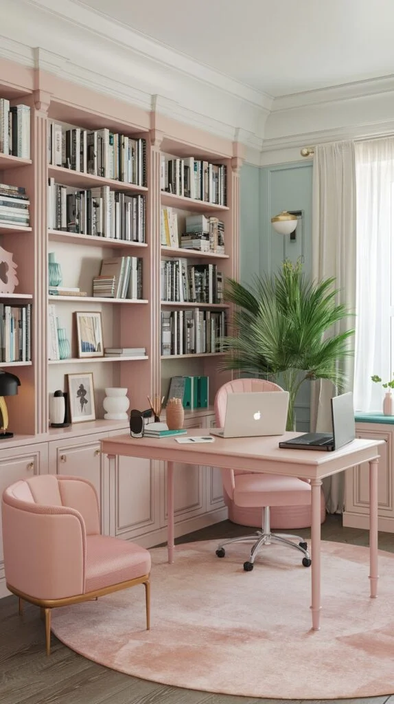 Home office with floor-to-ceiling pastel pink bookcases, matching desk and chairs, and light blue wall accents