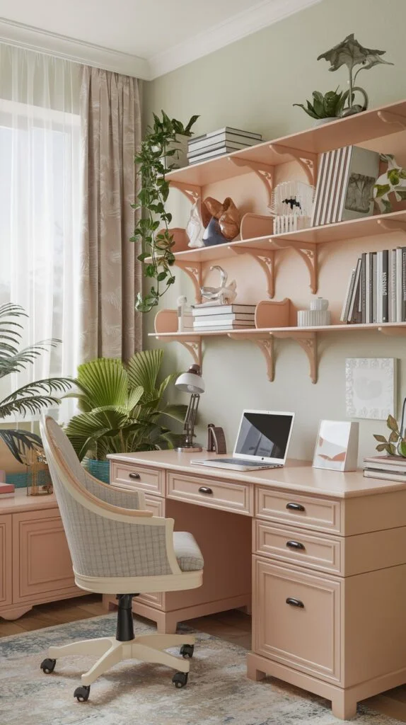 Home office with light green walls, pastel pink floating shelves, large pink desk, and patterned chair