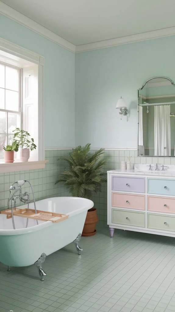 Bathroom with mint green walls, light green tiles, pastel blue bathtub, and white vanity with pastel-colored drawers
