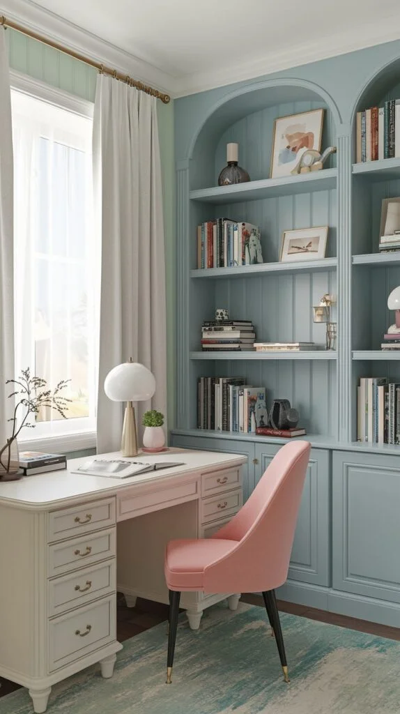 Home office with pastel blue built-in shelves, white desk, and pink velvet chair
