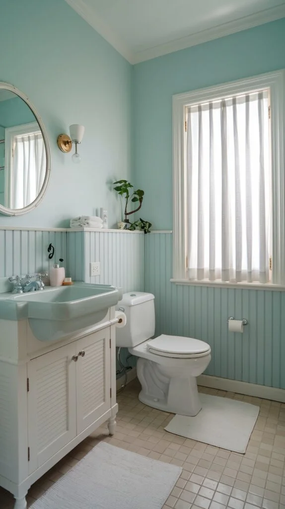 Bathroom with light blue walls, white beadboard paneling, white vanity with blue sink, and sheer curtains
