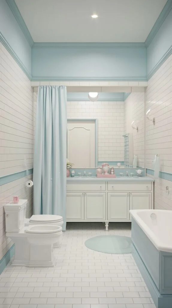 Bathroom with white subway tiles, pastel blue upper walls, blue shower curtain, and white fixtures