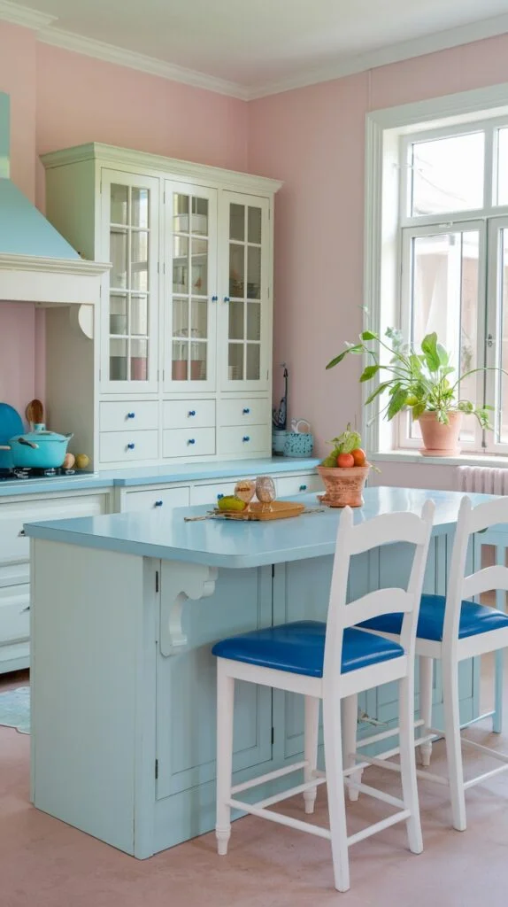 Kitchen with soft pink walls, light blue island, white cabinets, and blue and white bar stools