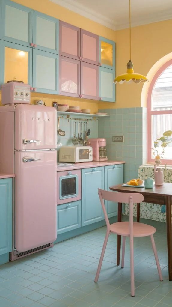 Kitchen with light blue lower cabinets, pastel pink upper cabinets, pink retro fridge, and yellow walls