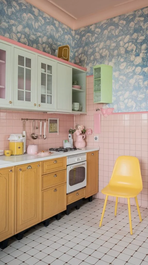 Kitchen with pink tiled backsplash, light wood lower cabinets, green and pink upper cabinets, patterned wallpaper, and yellow chair