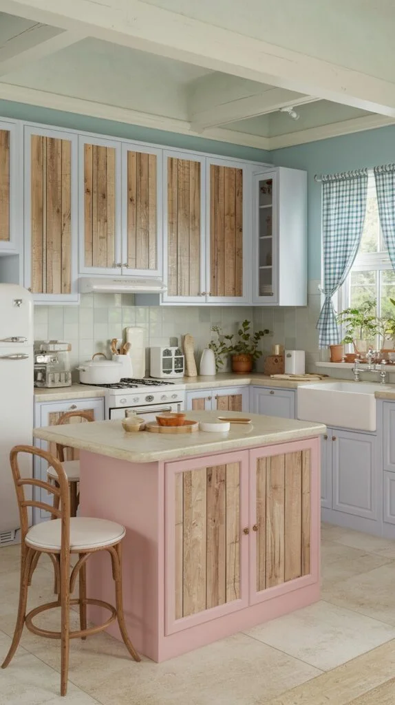Kitchen with light blue upper cabinets with wood panels, pastel pink island with wood panels, and farmhouse sink