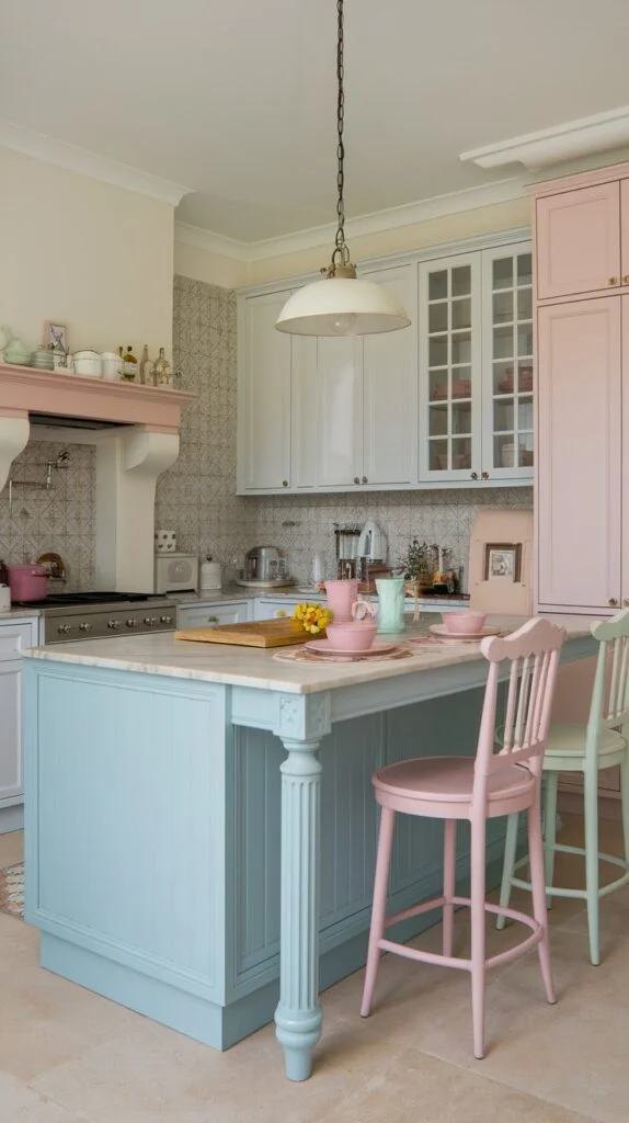 Kitchen with large pastel blue island, pastel pink bar stools, white cabinets, and pink range hood