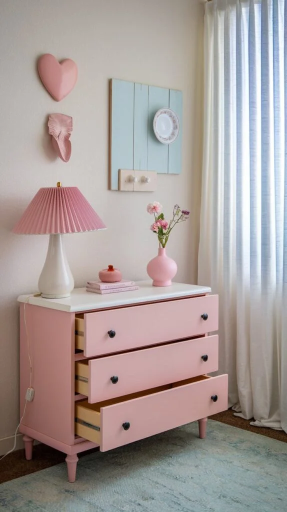 Light pink dresser with white top, pleated pink lamp, vase of flowers, and pastel wall decor