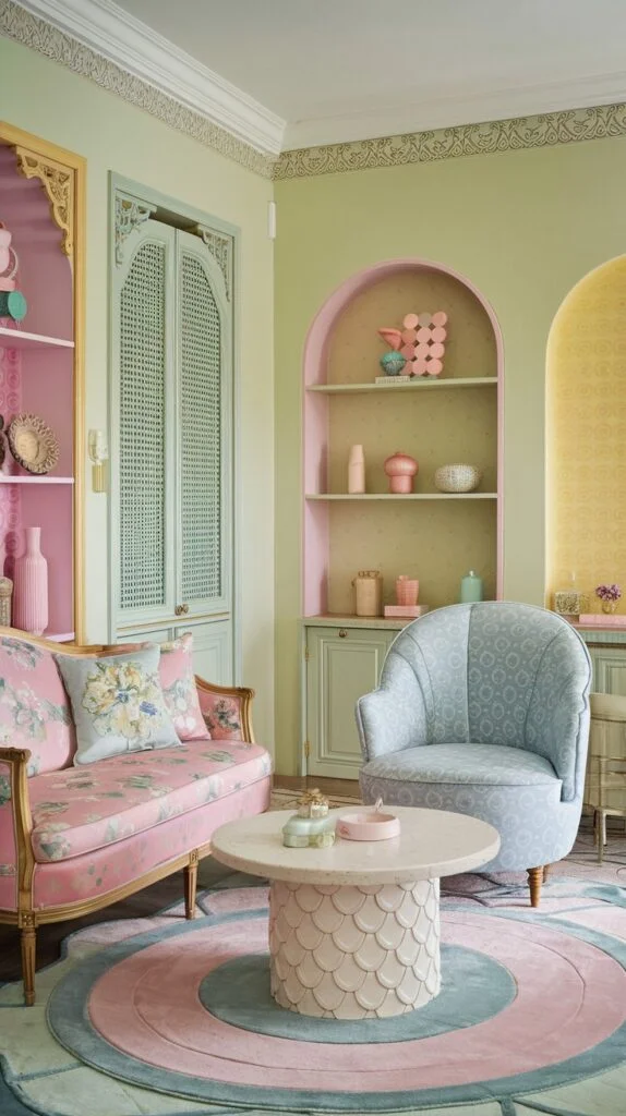 Living room with pastel green walls, floral pink sofa, light blue armchair, round coffee table, and pastel shelving