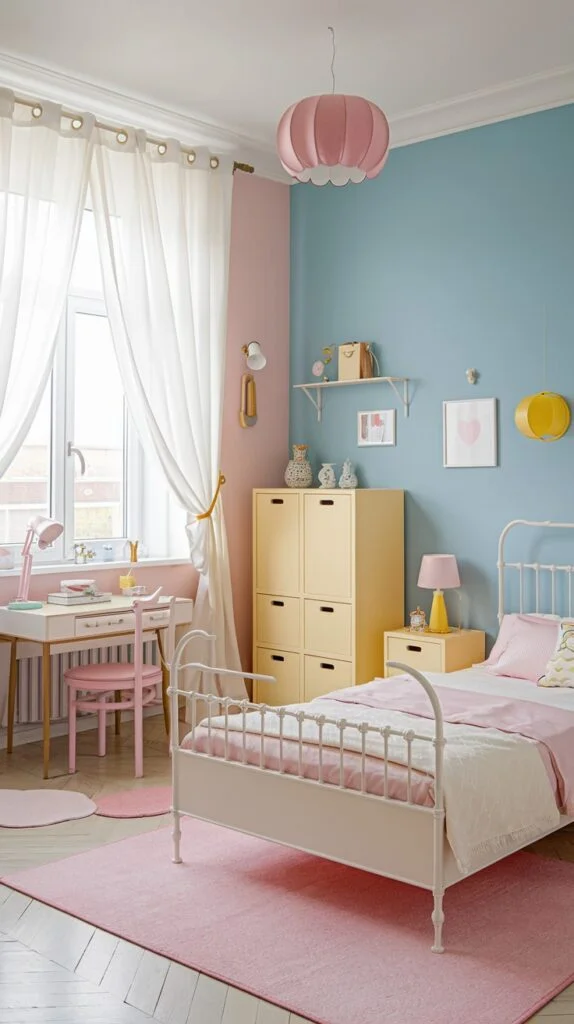 Children's bedroom with pink and blue walls, white metal bed, yellow chest, pink desk and chair
