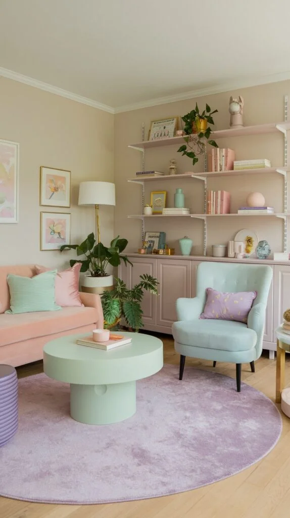 Living room with beige walls, pastel pink sofa, light blue armchair, green coffee table, lavender rug, and pink storage unit