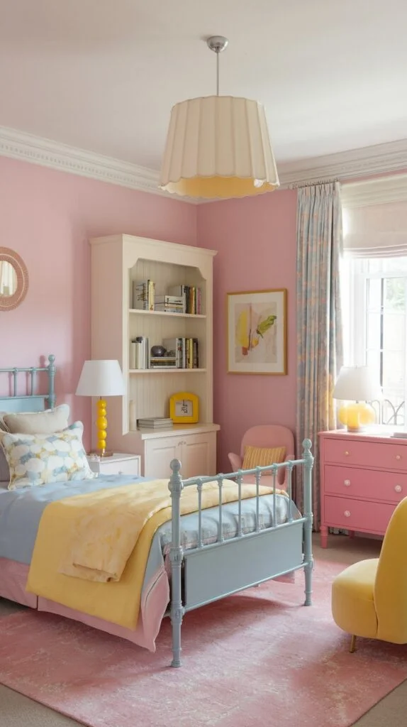 Bedroom with pastel pink walls, light blue metal bed, yellow accents, pink dresser, and pink rug