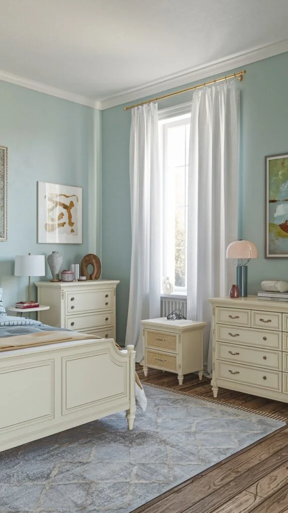 Bedroom with light blue walls, white bed and furniture, and light blue patterned rug