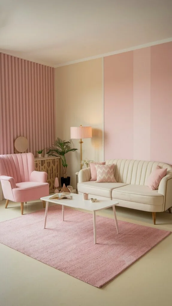 Living room with vertical pink and beige striped accent wall, beige sofa, pastel pink armchair, and pink rug