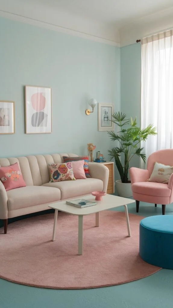Living room with pastel blue walls, beige sofa, pastel pink armchair, blue ottoman, and pink rug