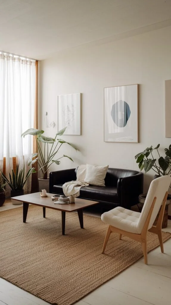 Japandi living room with dark leather sofa and warm wood tones