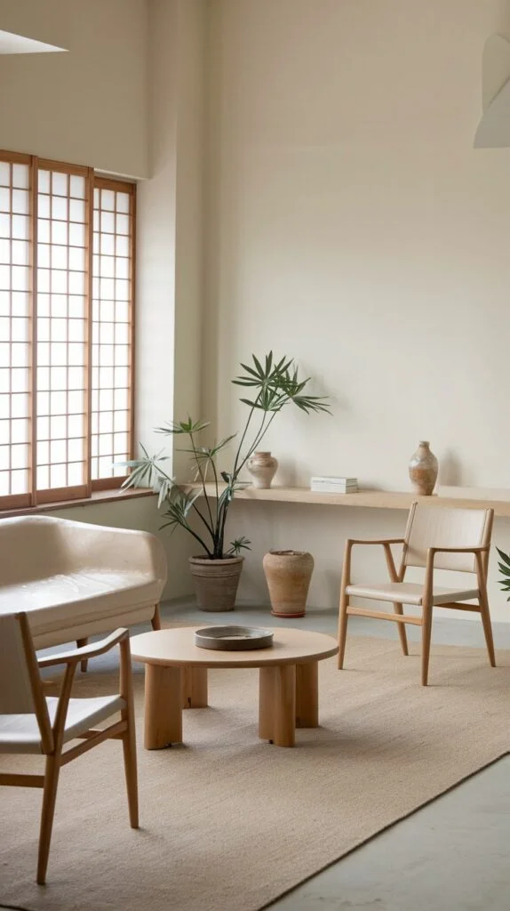 Japandi living room with shoji-style window grids