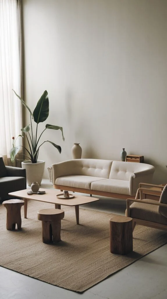 Japandi living room with curved sofa and wooden stools