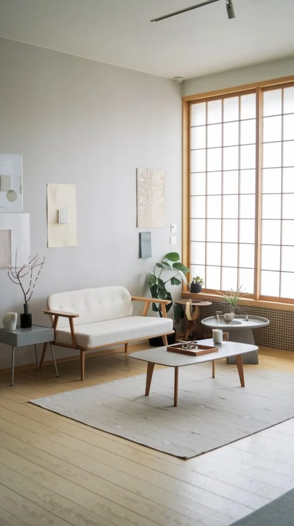 Japandi living room with multiple round coffee tables