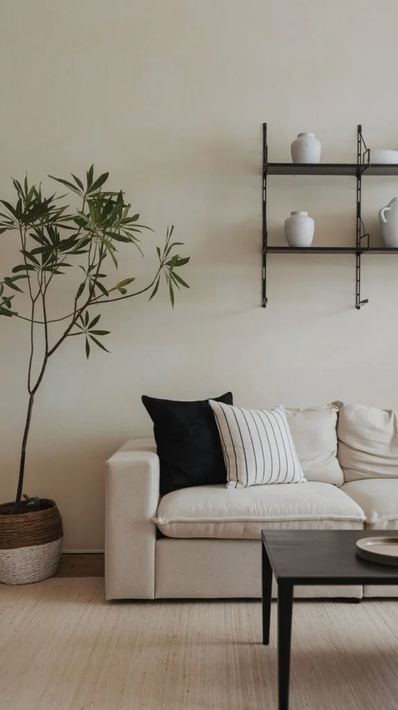 Japandi living room with black accents