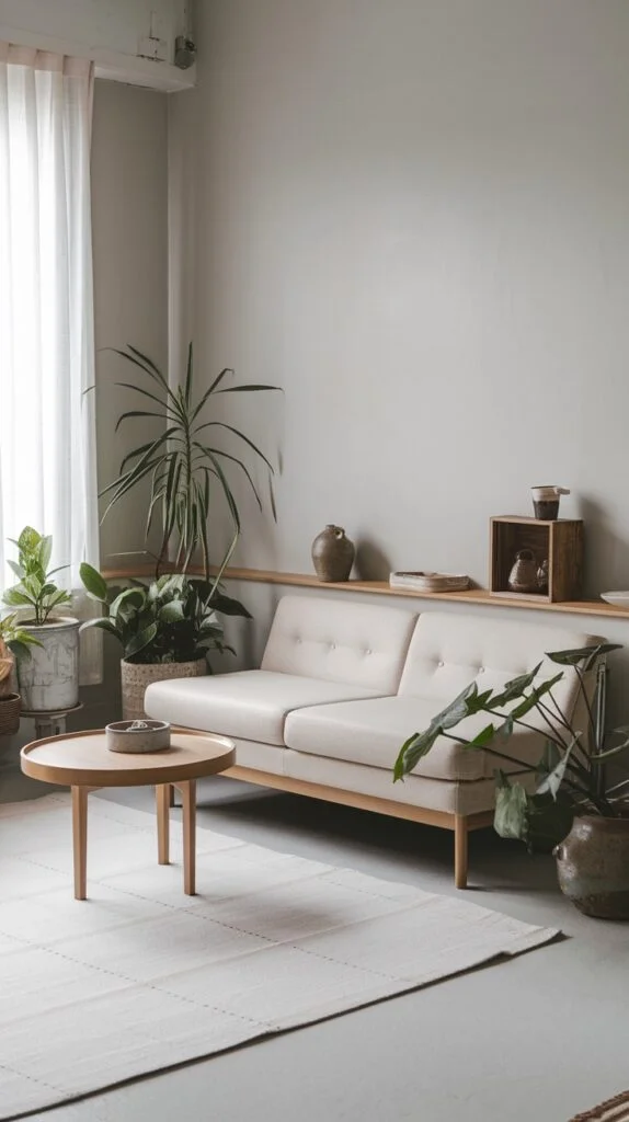 Japandi living room with abundant plants