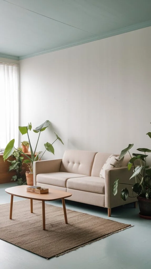 Japandi living room with light blue ceiling