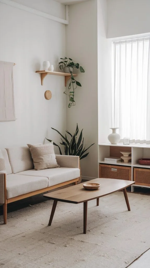 Japandi living room with woven baskets and floating shelves