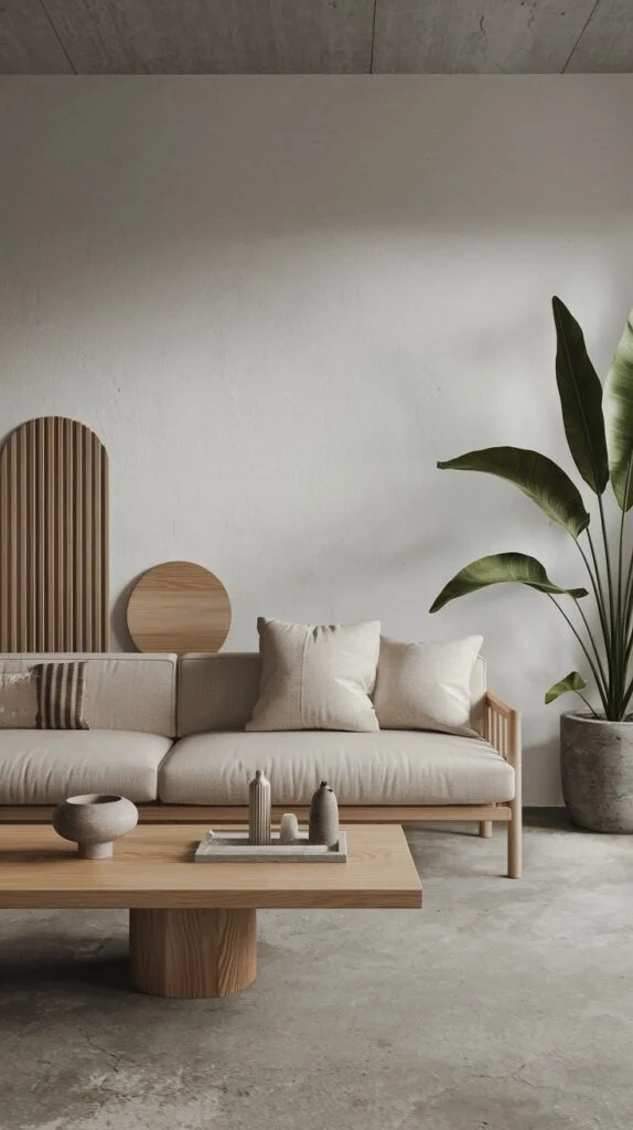 Japandi living room with concrete floor and wooden furniture