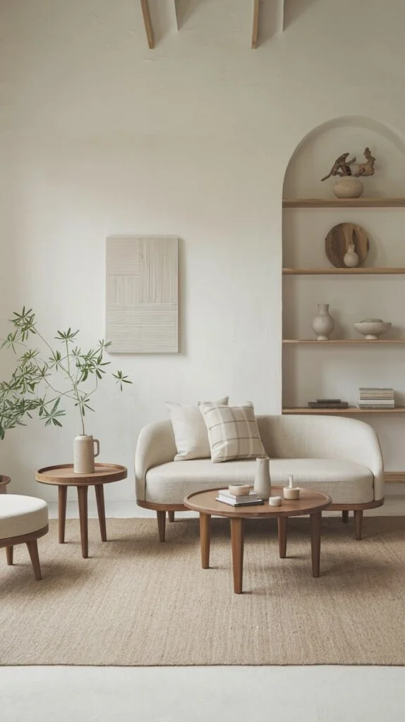 Japandi living room with arched shelves and round furniture