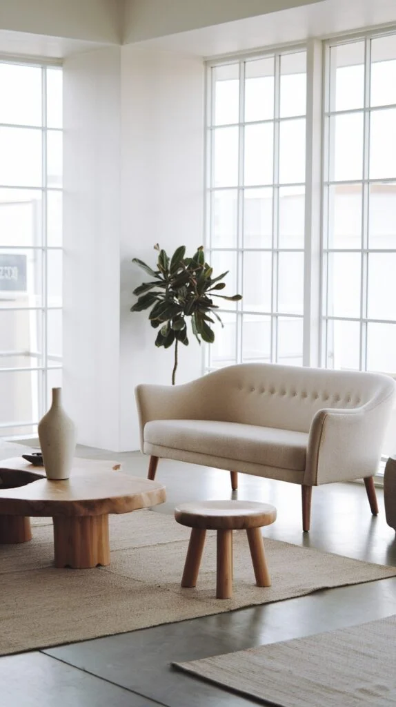 Japandi living room with live-edge coffee table and grid windows