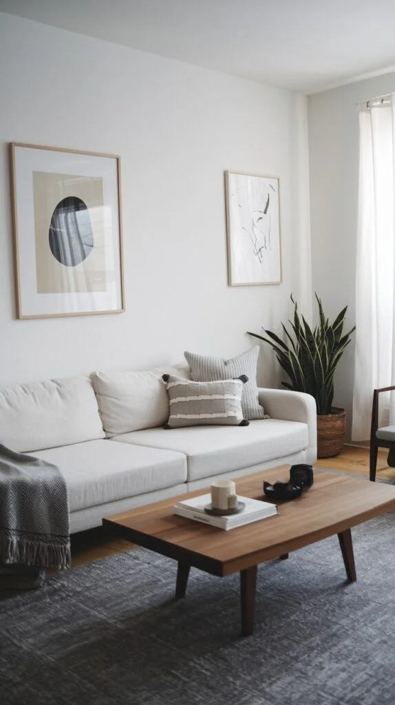 Japandi living room with dark rug and light furniture