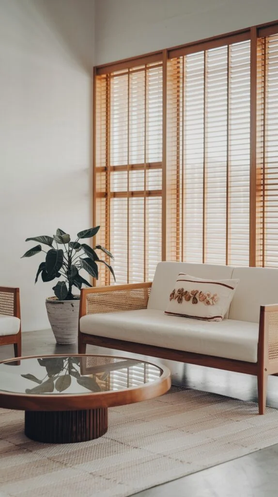Japandi sofa with cane details and glass top coffee table