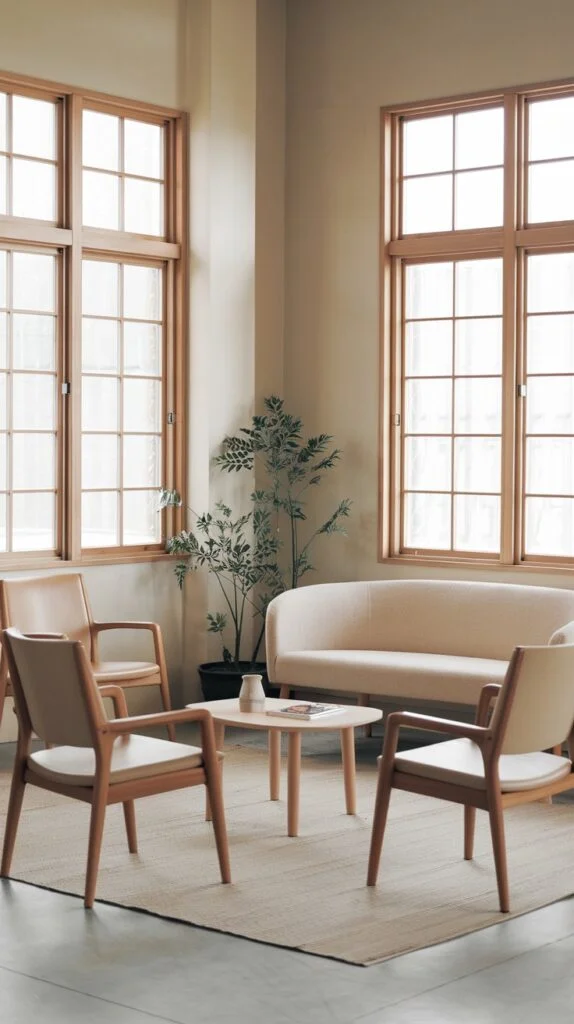 Japandi living room with multiple seating options