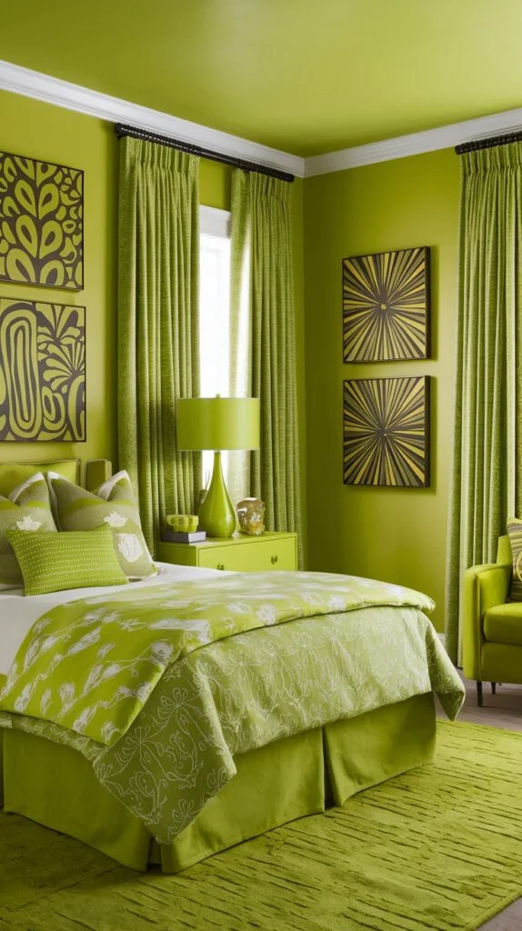 A vibrant and comfortable green bedroom with bright lime green walls, matching green curtains, and a patterned green duvet cover. The room's cheerful green palette, including a green lamp and chair, creates a cozy and inviting atmosphere.