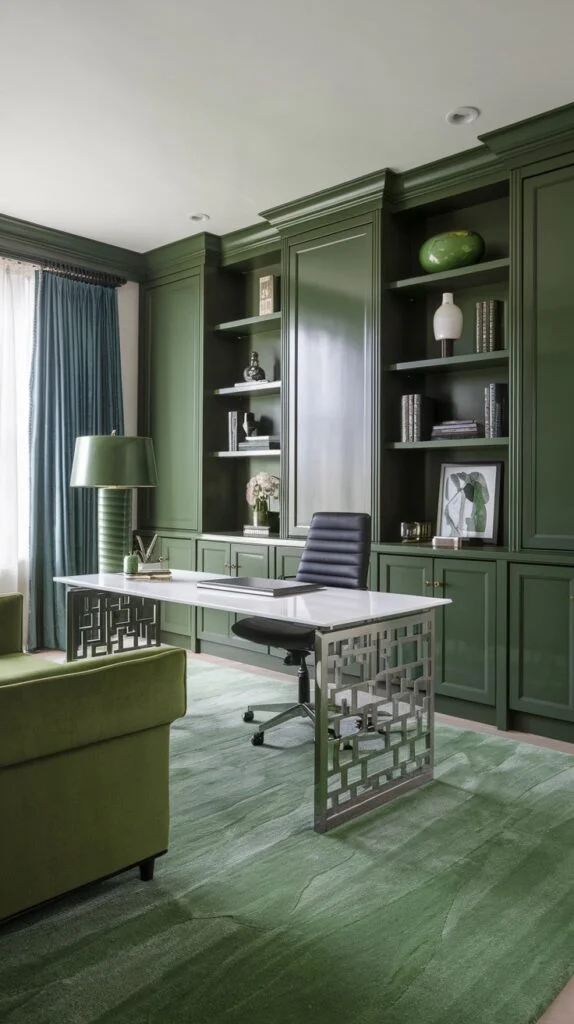A sophisticated and comfortable green home office featuring dark forest green built-in shelves and cabinets. A large white desk with metallic accents, a black office chair, and a plush green sofa complete this elegant and green workspace.