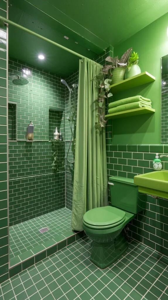 A strikingly monochromatic and comfortable green bathroom, completely adorned in emerald green subway tiles on the walls and square green tiles on the floor. The green toilet, sink, and shower curtain enhance the immersive green experience.