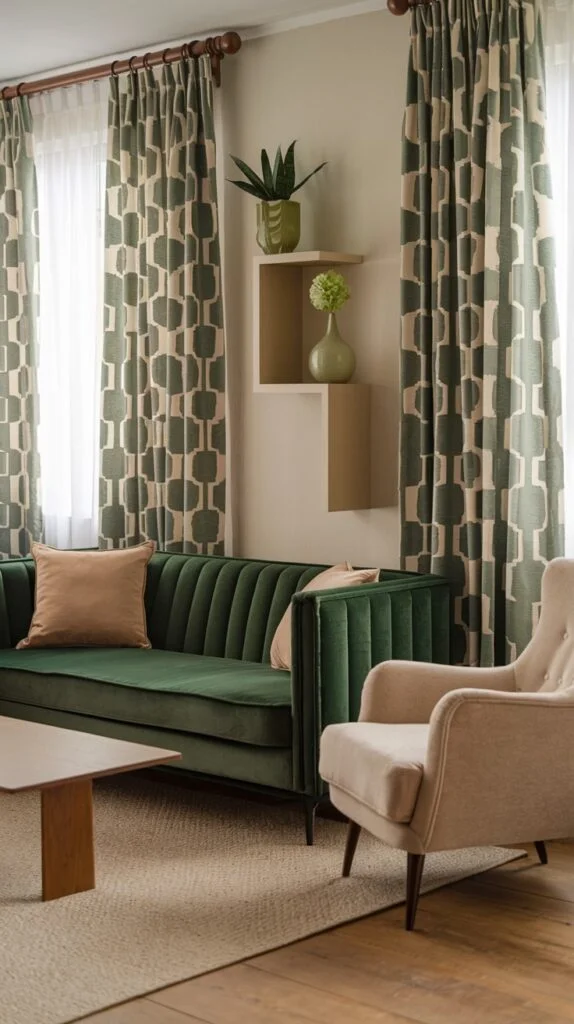 A warm and comfortable green living room with a channel-tufted dark green velvet sofa and striking green geometric-patterned curtains. The natural tones of the rug and armchair complement the green elements, creating an inviting space.