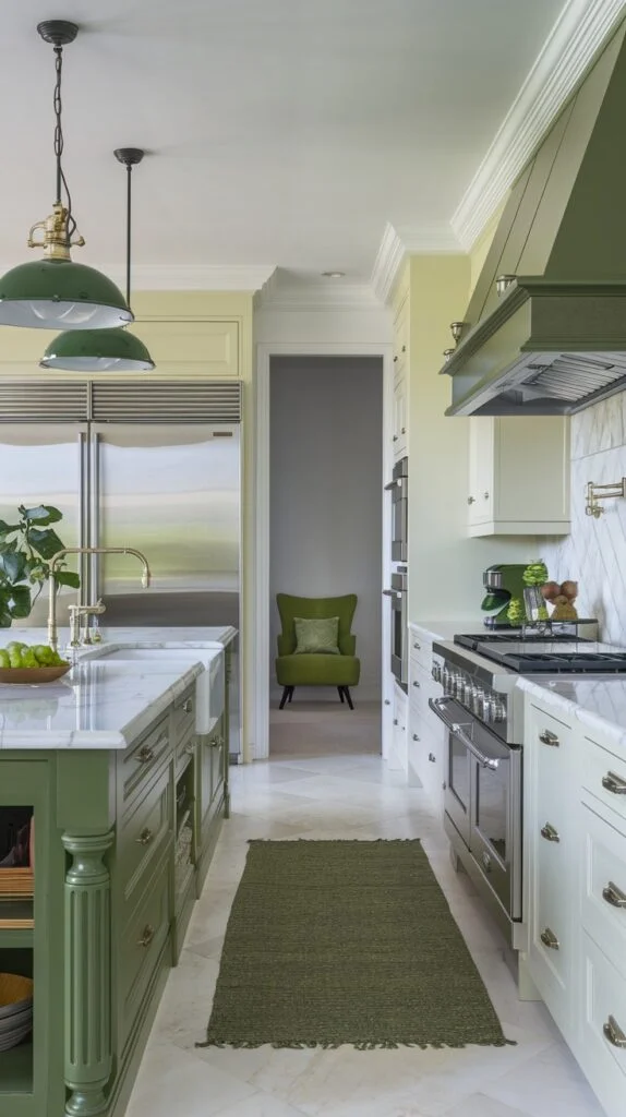 A bright and comfortable green kitchen featuring a large green island with a white marble countertop and matching green pendant lights. A green range hood and an olive green rug contribute to the fresh and inviting feel of this green culinary space.
