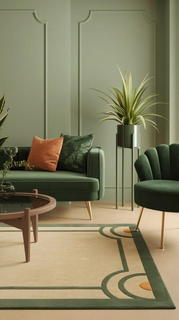 An elegant and comfortable green living room showcasing a sleek dark green velvet sofa and a coordinating shell-back green armchair. A modern rug with green geometric patterns adds to the sophisticated and tranquil green ambiance.
