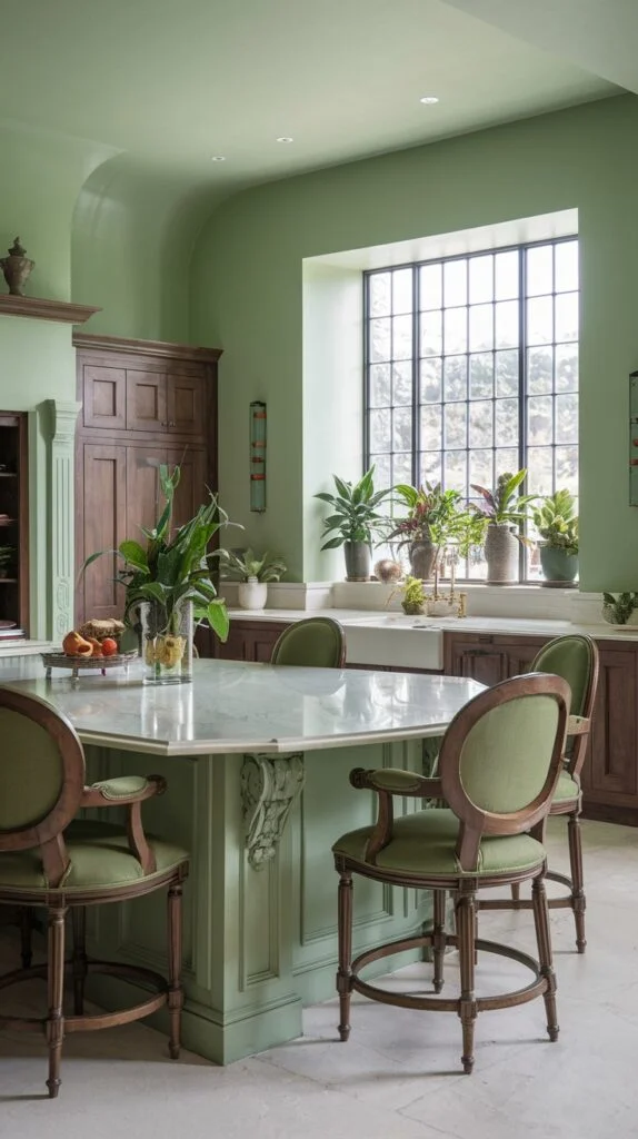 A spacious and comfortable green kitchen with light sage green walls and a large green kitchen island featuring a white marble countertop. Matching green upholstered bar stools provide seating, contributing to the serene and green culinary environment.