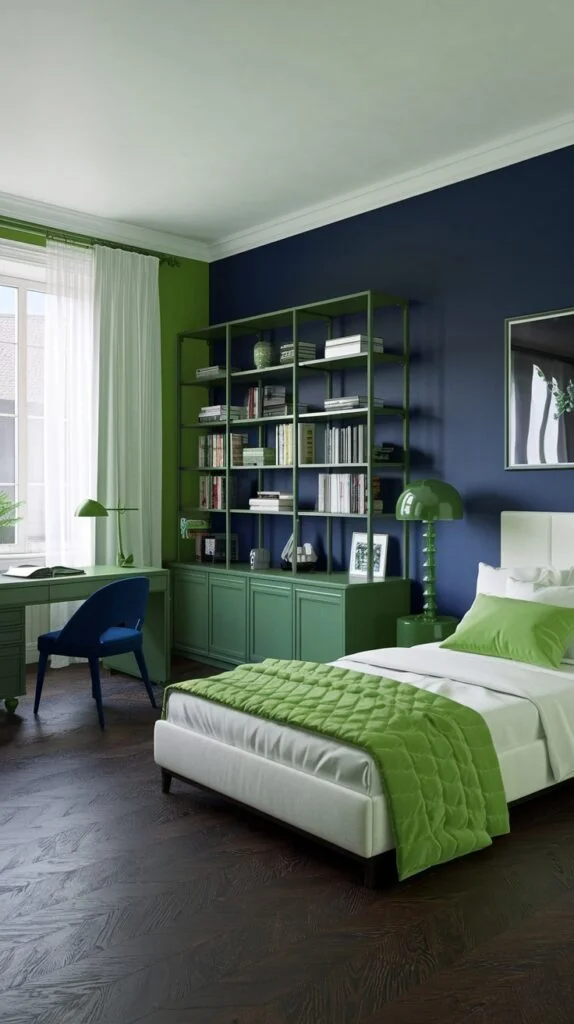 A modern and comfortable green and blue bedroom or study area. It features a green desk, a large green bookshelf, and a vibrant green quilted bedspread. The bold navy blue wall contrasts with the various shades of green creating a stylish and inviting space.