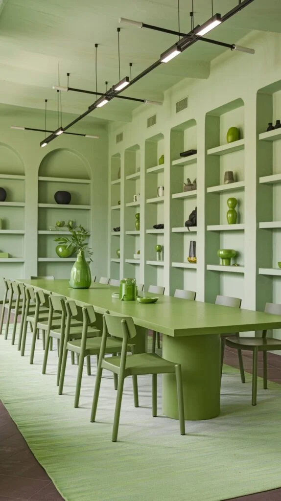 A grand and comfortable green dining hall, entirely designed with light pistachio green walls and integrated shelving units filled with green decorative objects. A long green dining table with matching green chairs dominates the space, creating a harmonious and extensive green dining experience.