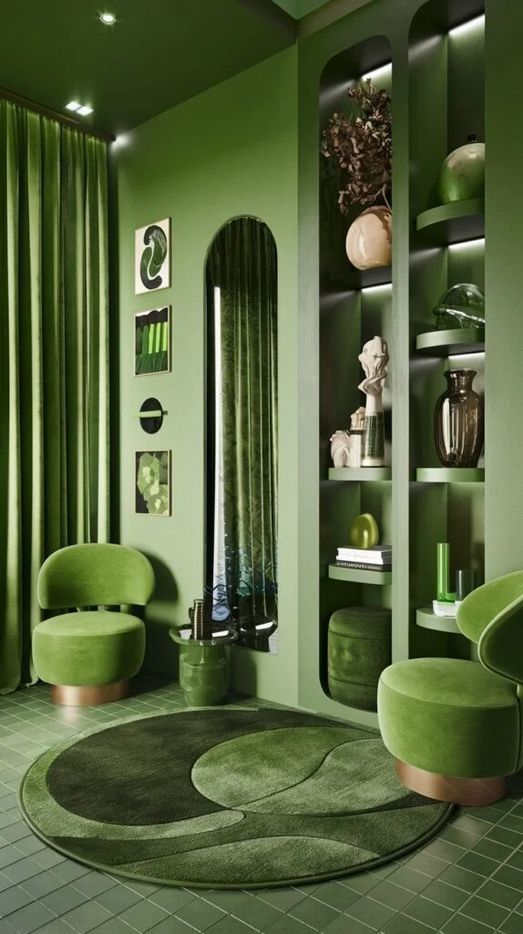 An opulent and comfortable green lounge or dressing room, enveloped in deep emerald green hues. Plush green velvet armchairs and a multi-toned green circular rug define the luxurious and intimate seating area within this richly green space.