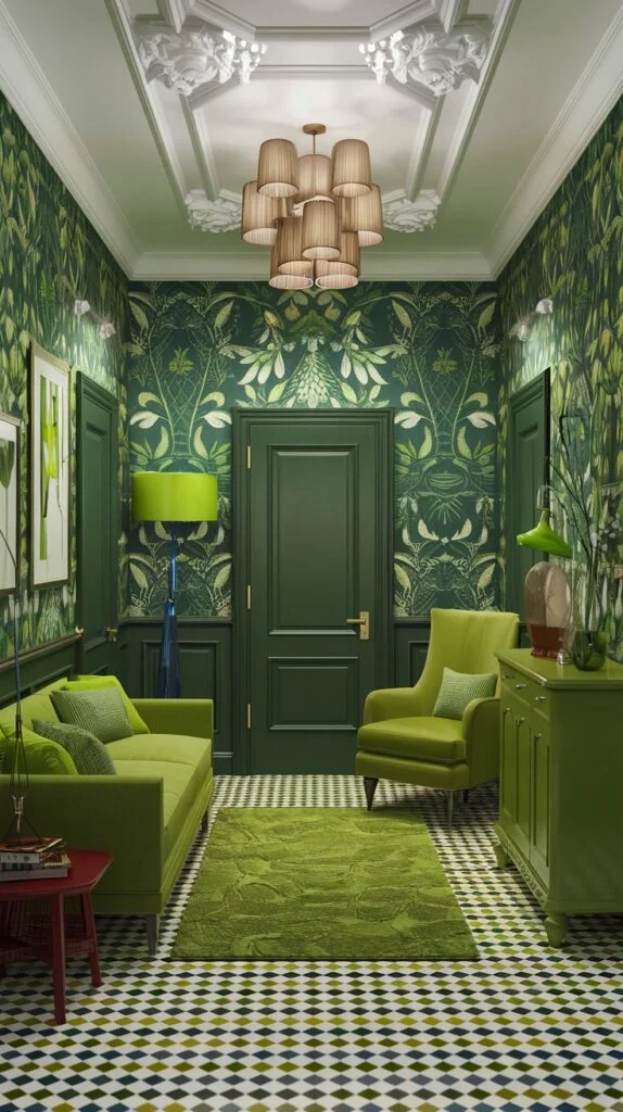 A highly decorative and comfortable green entryway or hallway, featuring lush green botanical wallpaper and a deep forest green door. A compact green sofa, a matching armchair, and a patterned green rug complete this inviting and verdant space.